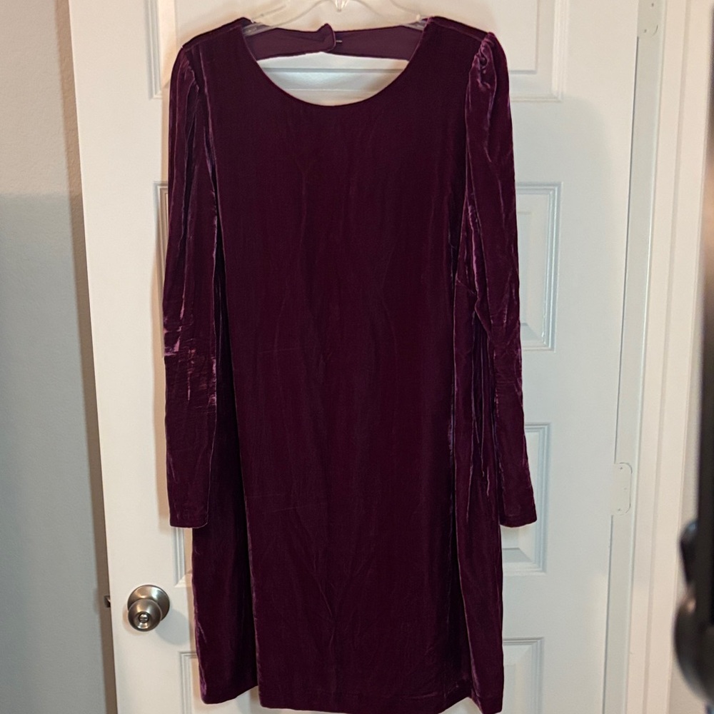 Boden Plum Velvet Open Back Mini Dress SZ 14 rhinestone button long sleeve lined - Picture 1 of 16
